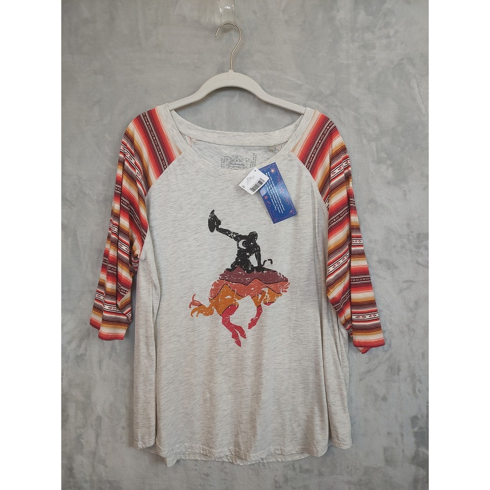 Panhandle Slim Womens XXL Western Graphic Tee Serape Raglan 3/4 Sleeve Gray NEW - Picture 2 of 10